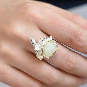 Two-Tone Floral Ring with Pale White Jade Center
